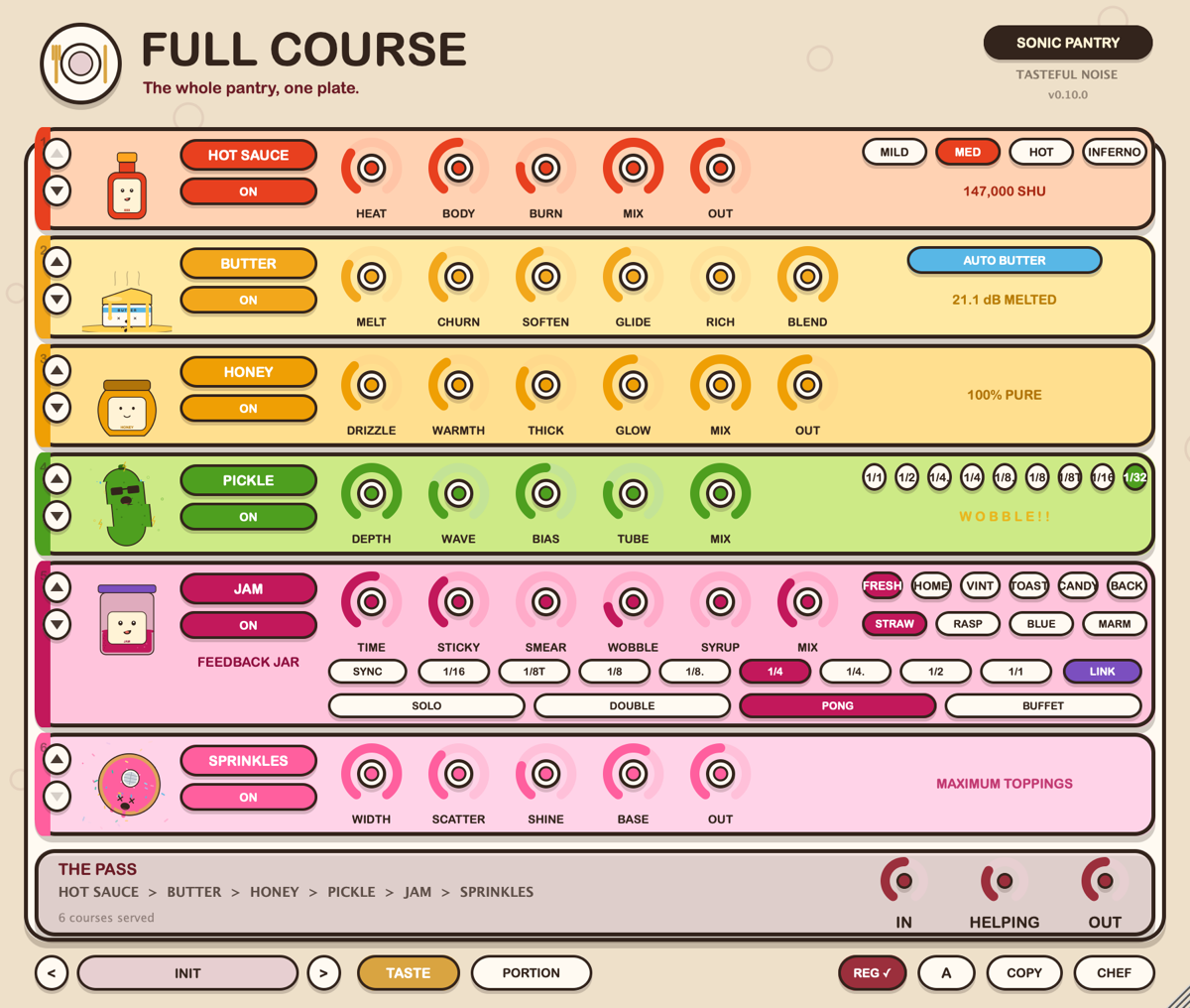 Full Course plugin interface — six food-coloured module strips in one chain